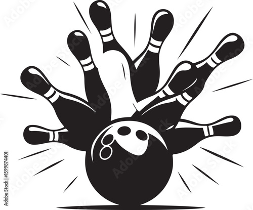 Vintage Bowling Ball Hitting Pins – Sports Silhouette vector.