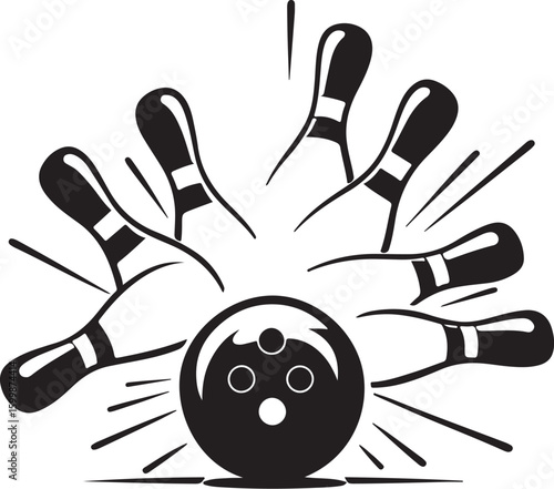 Vintage Bowling Ball Hitting Pins – Sports Silhouette vector.