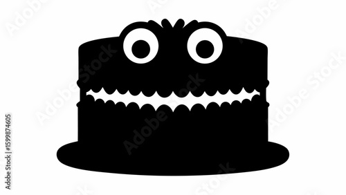 A whimsical black cake with large white eyes and a toothy grin, set against a plain white background
