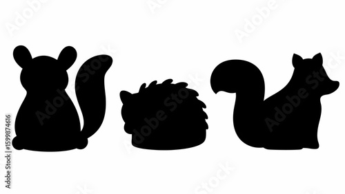 Silhouette illustration featuring a chinchilla hedgehog and fox in a simple black and white design style