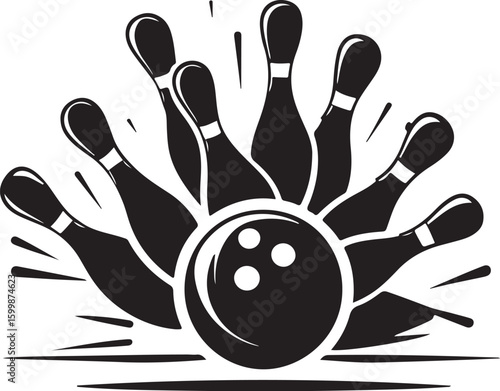 Vintage Bowling Ball Hitting Pins – Sports Silhouette vector.
