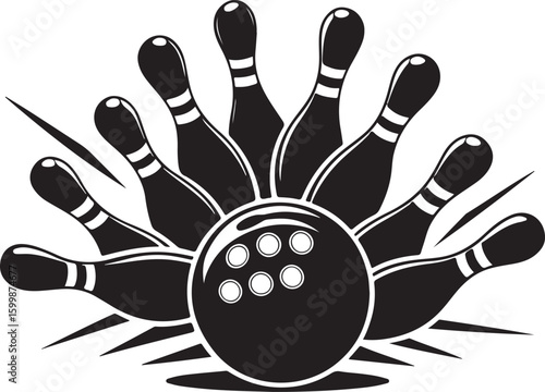 Vintage Bowling Ball Hitting Pins – Sports Silhouette vector.