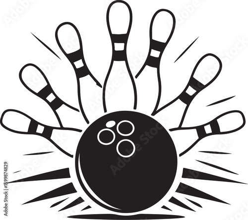 Vintage Bowling Ball Hitting Pins – Sports Silhouette vector.