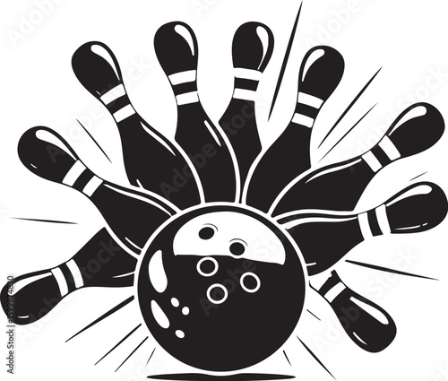 Vintage Bowling Ball Hitting Pins – Sports Silhouette vector.