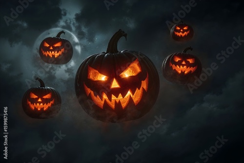 Spooky Flying Jack o lanterns Glowing Eerie Orange Light in the Halloween Night Sky