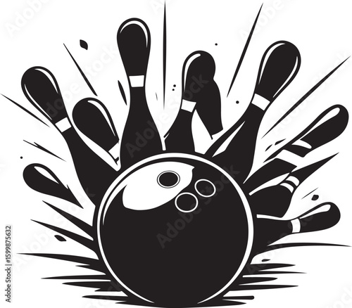 Vintage Bowling Ball Hitting Pins – Sports Silhouette vector.