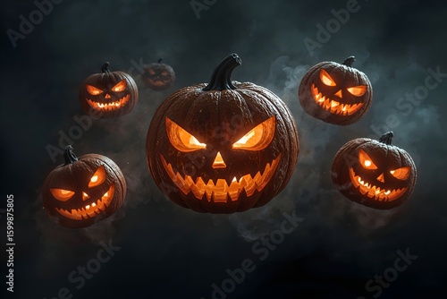 Spooky Flying Jack o lanterns Glowing Eerie Orange Light in the Halloween Night Sky
