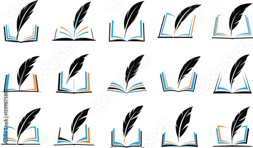 Collection of feather quills and open books vector illustration