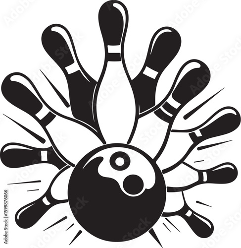Vintage Bowling Ball Hitting Pins – Sports Silhouette vector.