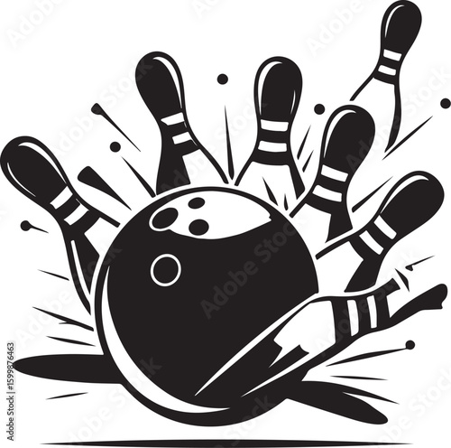Vintage Bowling Ball Hitting Pins – Sports Silhouette vector.