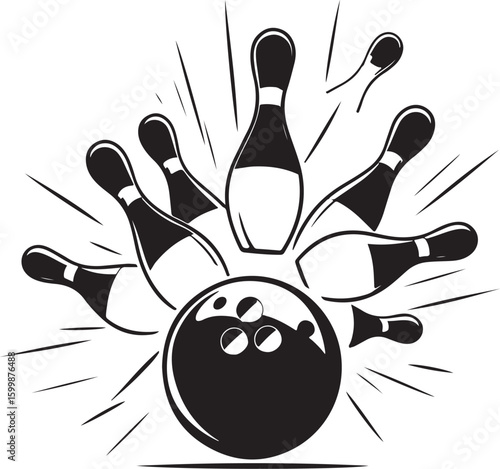 Vintage Bowling Ball Hitting Pins – Sports Silhouette vector.
