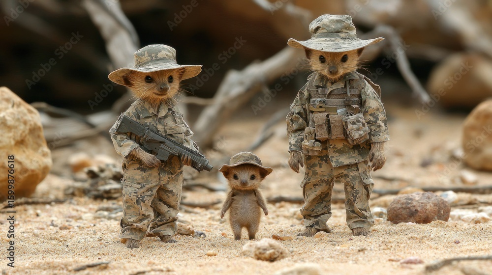 Obraz premium Adorable Meerkat Soldiers in Desert