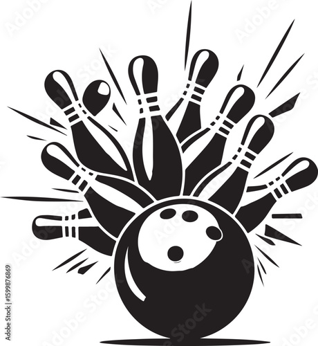 Vintage Bowling Ball Hitting Pins – Sports Silhouette vector.