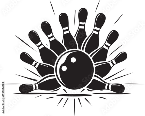 Vintage Bowling Ball Hitting Pins – Sports Silhouette vector.
