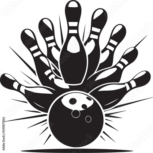 Vintage Bowling Ball Hitting Pins – Sports Silhouette vector.