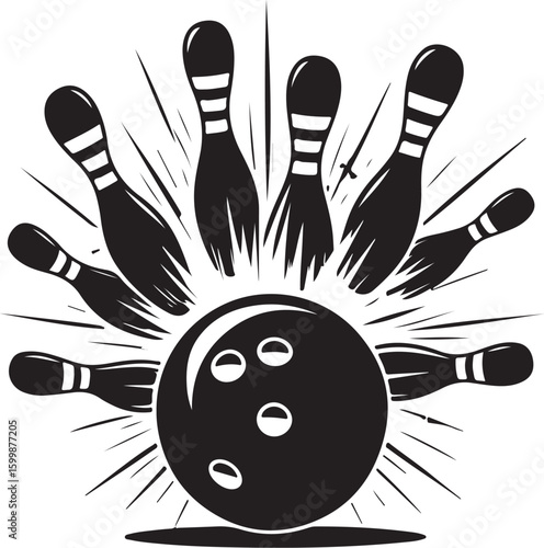 Vintage Bowling Ball Hitting Pins – Sports Silhouette vector.