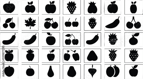 Silhouette fruits array: A collection of silhouette fruits arranged on a photorealistic display, perfect for illustrating health, nutrition, and the beauty of nature's bounty.