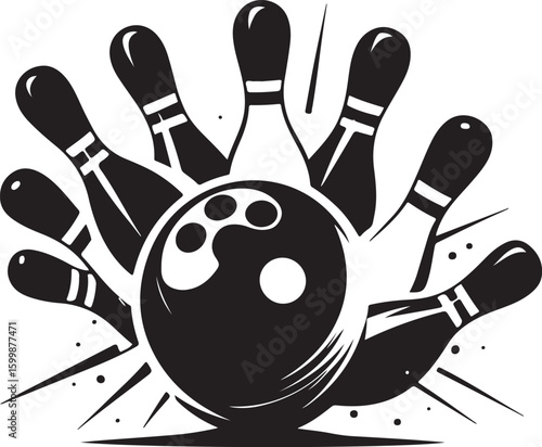 Vintage Bowling Ball Hitting Pins – Sports Silhouette vector.