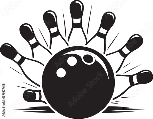 Vintage Bowling Ball Hitting Pins – Sports Silhouette vector.