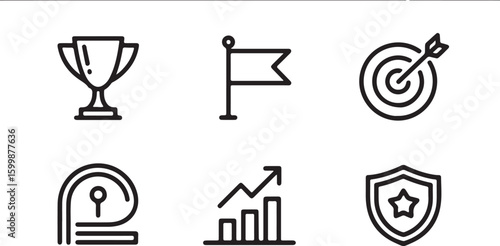 Set of business and success icons in a minimalist style including a flag trophy shield and growth chart all in black outline on a white