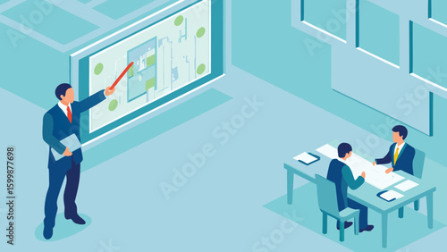 Man presenting a blueprint to two seated colleagues in an office setting with light blue background