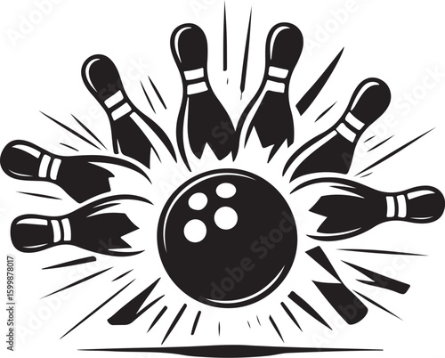 Vintage Bowling Ball Hitting Pins – Sports Silhouette vector.