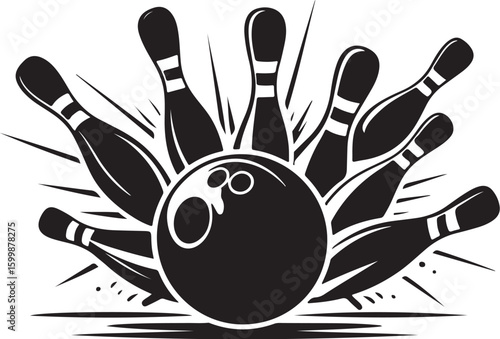 Vintage Bowling Ball Hitting Pins – Sports Silhouette vector.