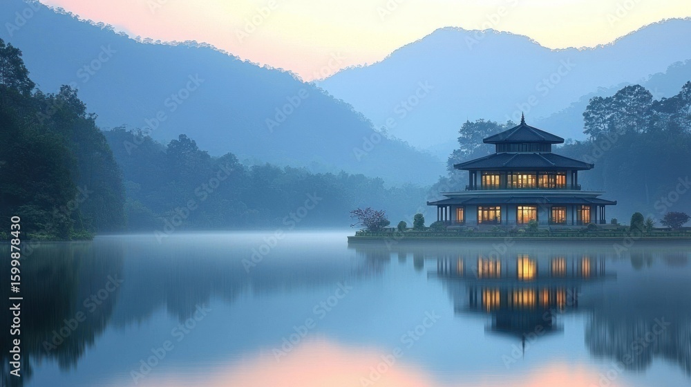 Naklejka premium Serene Pagoda on Misty Lake at Dawn