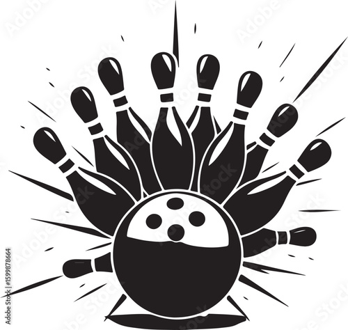 Vintage Bowling Ball Hitting Pins – Sports Silhouette vector.
