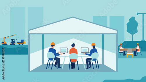 Construction site office with workers at desks and meeting outside in a blue environment image