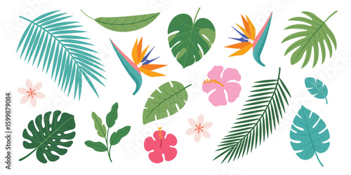 Tropical Leaves and Exotic Flowers Set – Palm, Banana Leaf, Hibiscus, Plumeria, Bird of Paradise – Vector Flat Cartoon Illustrations for Bouquets and Floral Designs


