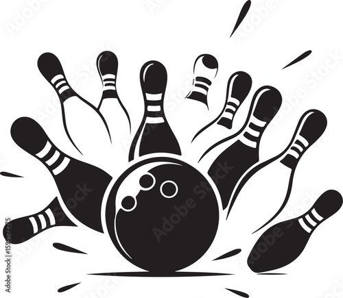 Vintage Bowling Ball Hitting Pins – Sports Silhouette vector.