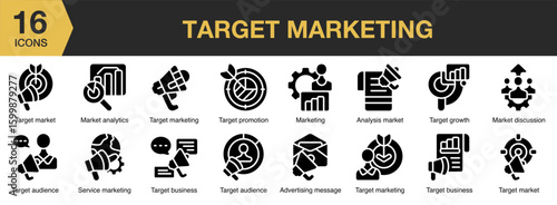 Target Marketing solid icon set. Includes goal, growth, management, performance, vision, and More. Solid icons vector collection.