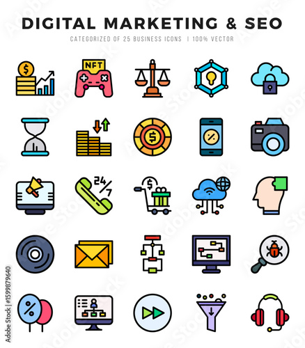 Digital Marketing & SEO Lineal Color icons. Vector Lineal Color illustration.