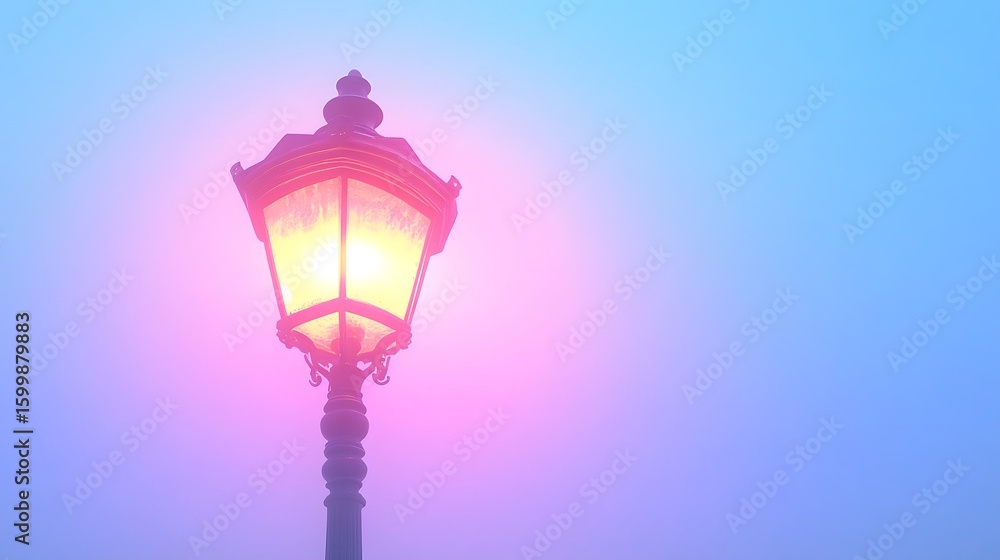 Fototapeta premium Streetlamp in Foggy Atmosphere with Colorful Illuminated Sky