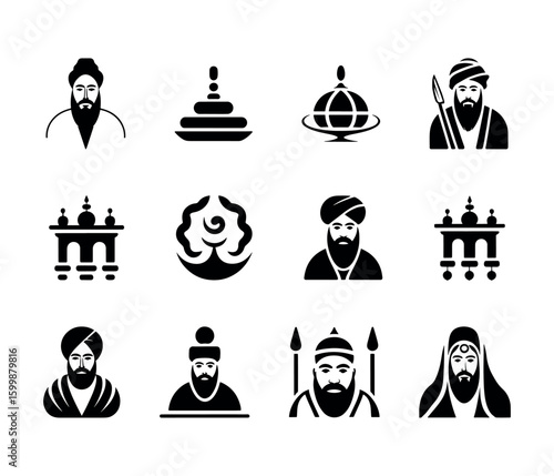
A set of black and white vector art icons arranged on the theme of Guru Nanak.