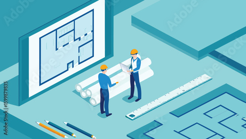 Isometric view of architects reviewing blueprints with laptop and tools on a blue background scene