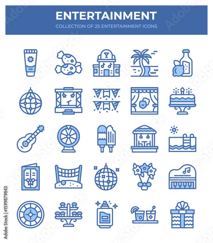 Collection of 25 Entertainment Icons. Fun Activities. Summertime Festivities. and Party Elements