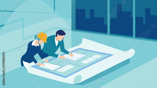 Two architects reviewing a large blueprint in an office setting with city views in the background