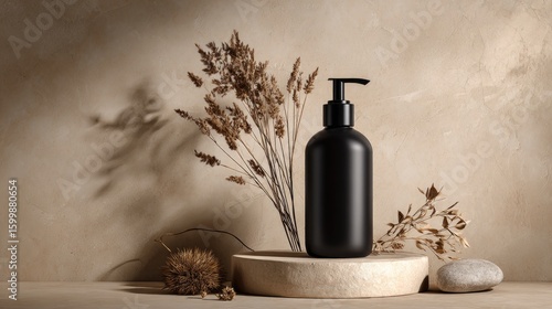 Black bottle mockup for skincare product on beige background with plants