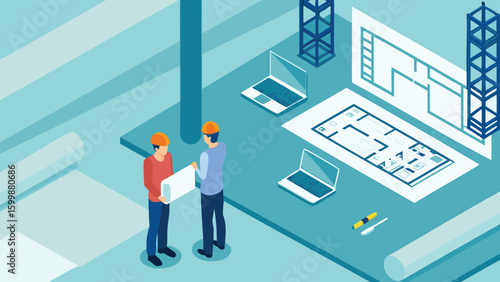 Isometric view of construction workers reviewing blueprints with laptops and building plans nearby