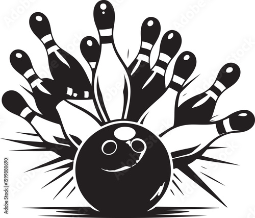 Vintage Bowling Ball Hitting Pins – Sports Silhouette vector.