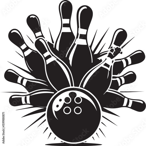 Vintage Bowling Ball Hitting Pins – Sports Silhouette vector.