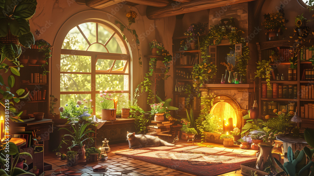 Obraz premium Cozy, sunlit interior room with plants, bookshelves, and a fireplace, perfect for relaxation.