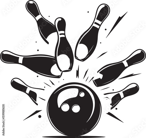 Vintage Bowling Ball Hitting Pins – Sports Silhouette vector.
