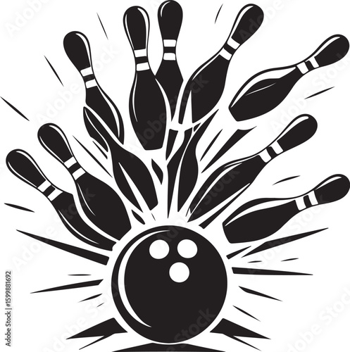 Vintage Bowling Ball Hitting Pins – Sports Silhouette vector.