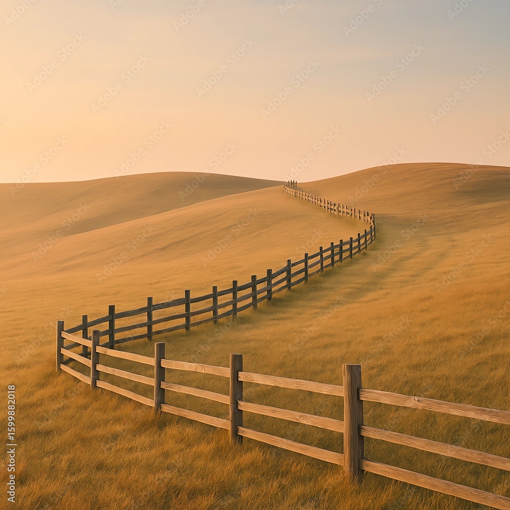 Obraz premium Winding Fence in Misty Rolling Hills at Sunrise
