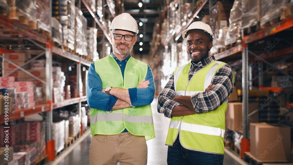Obraz premium Camera approaching male workers standing indoor in warehouse looking at camera and smiling. Mixed-race employees at workplace in delivery storehouse with smile on faces. Storage, logistics center