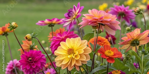 Vibrant Dahlia Garden Close-Up Composition of Multicolored Blooms, Flower Photography, Floral Beauty Dahlia, Flower Photography