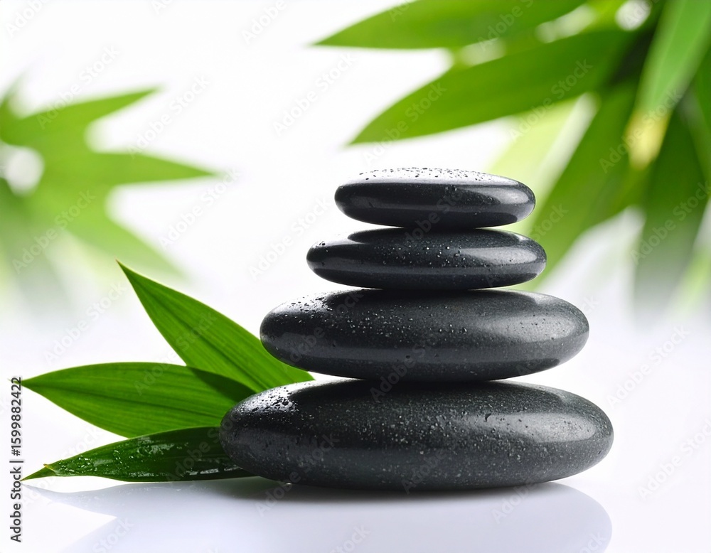 Stack of smooth black stones with water droplets and green leaves on a white background in soft light Stack of smooth black stones with water droplets and green leaves on a white background in soft light